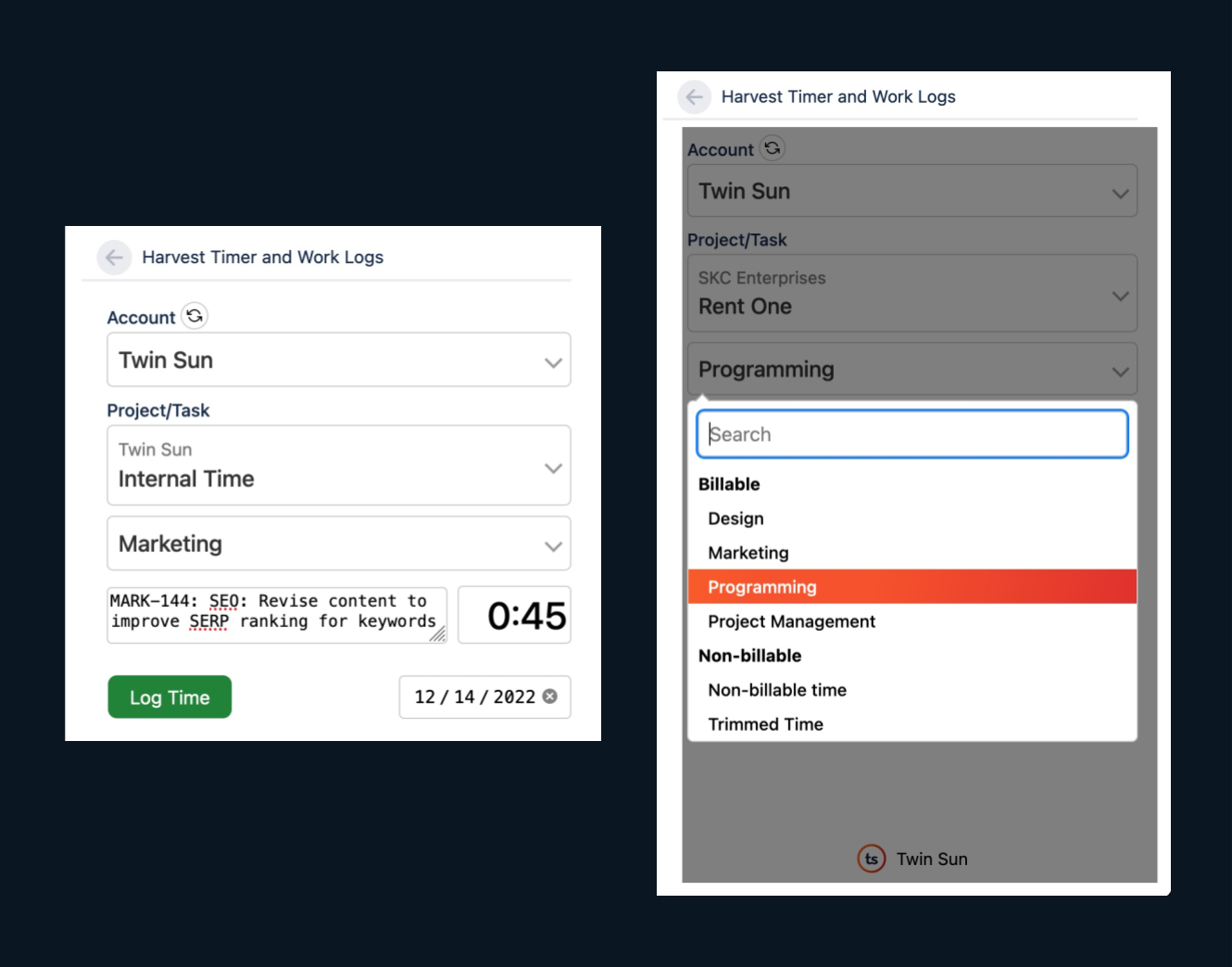 Screenshots of the Harvest Timer and Work Logs App for Jira Cloud
