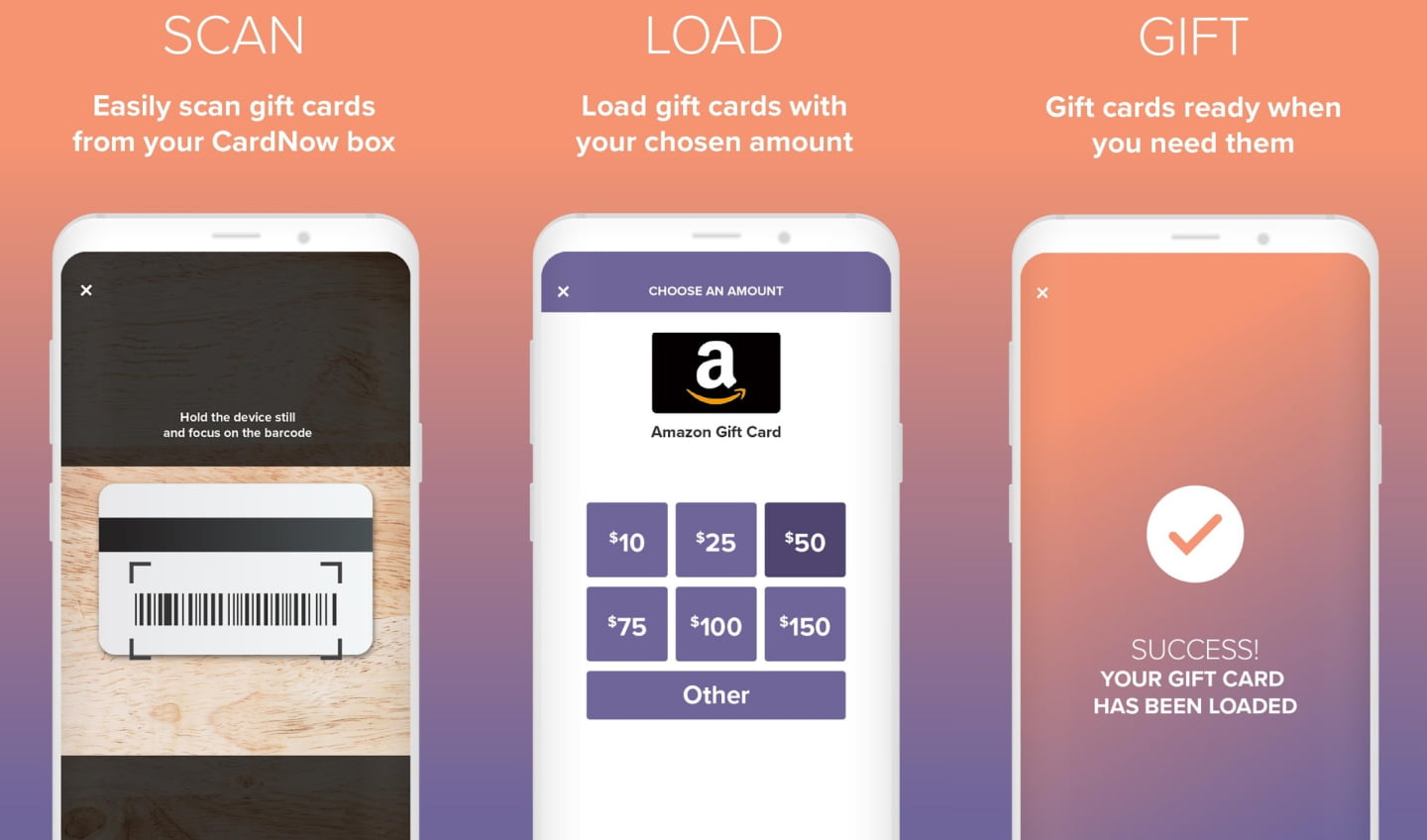 Steps for loading a gift card in the CardNow app