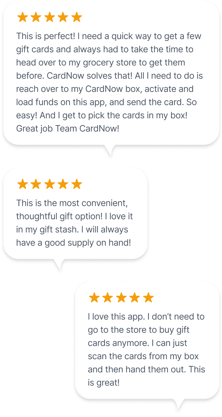 Text bubbles containing three five-star app store reviews from CardNow customers.