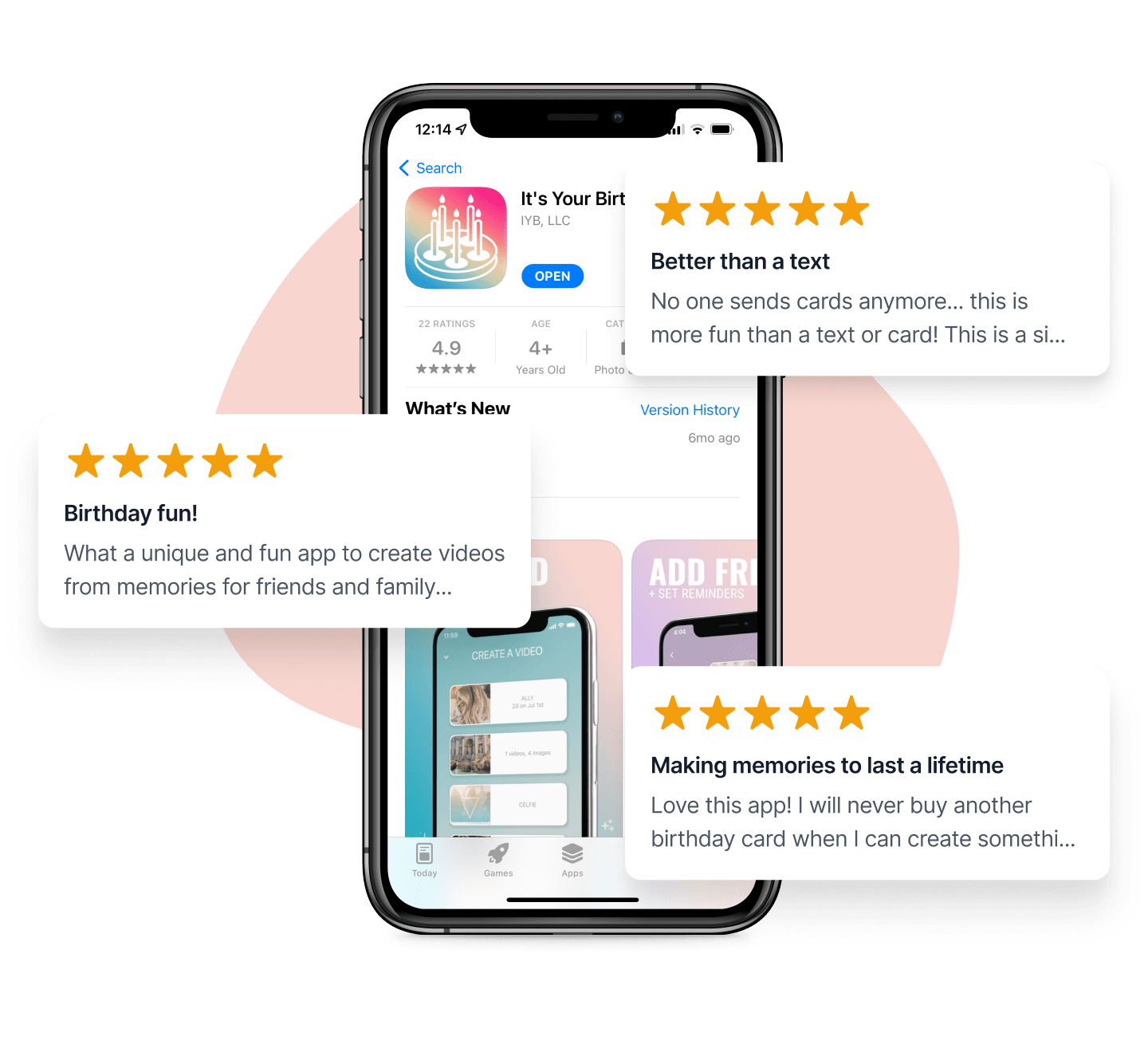 IYB's mobile app overlaid with 5-star reviews from the iOS App Store