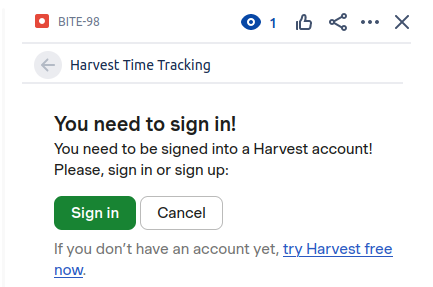 Screenshot of a common login issue with the Harvest Time Tracking (Official) Jira app