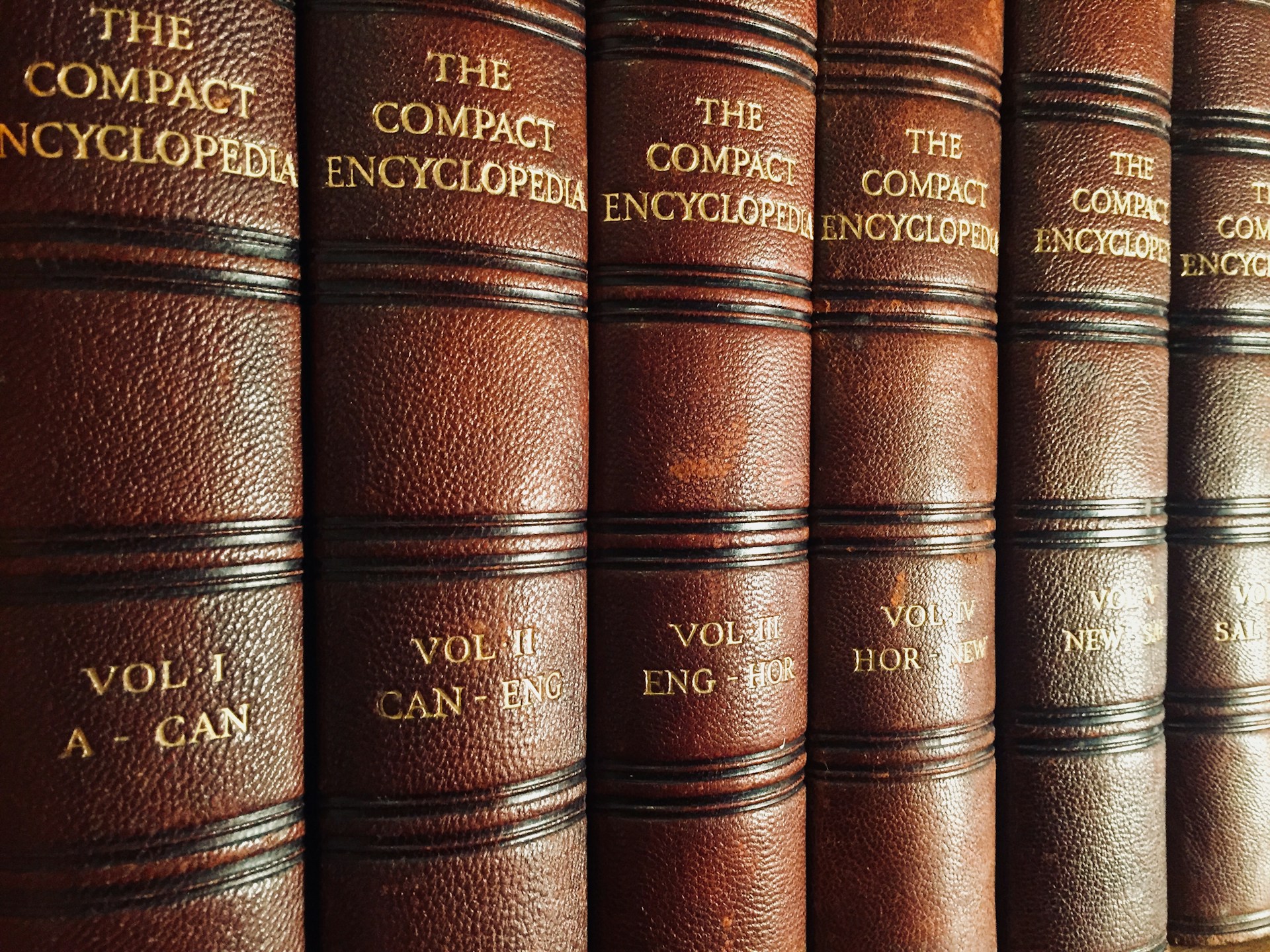 A shelf of encyclopedia volumes.