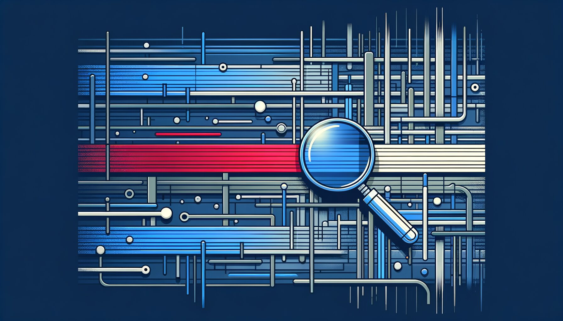 A magnifying glass attempting to find a red line in a network of blue and grey lines.