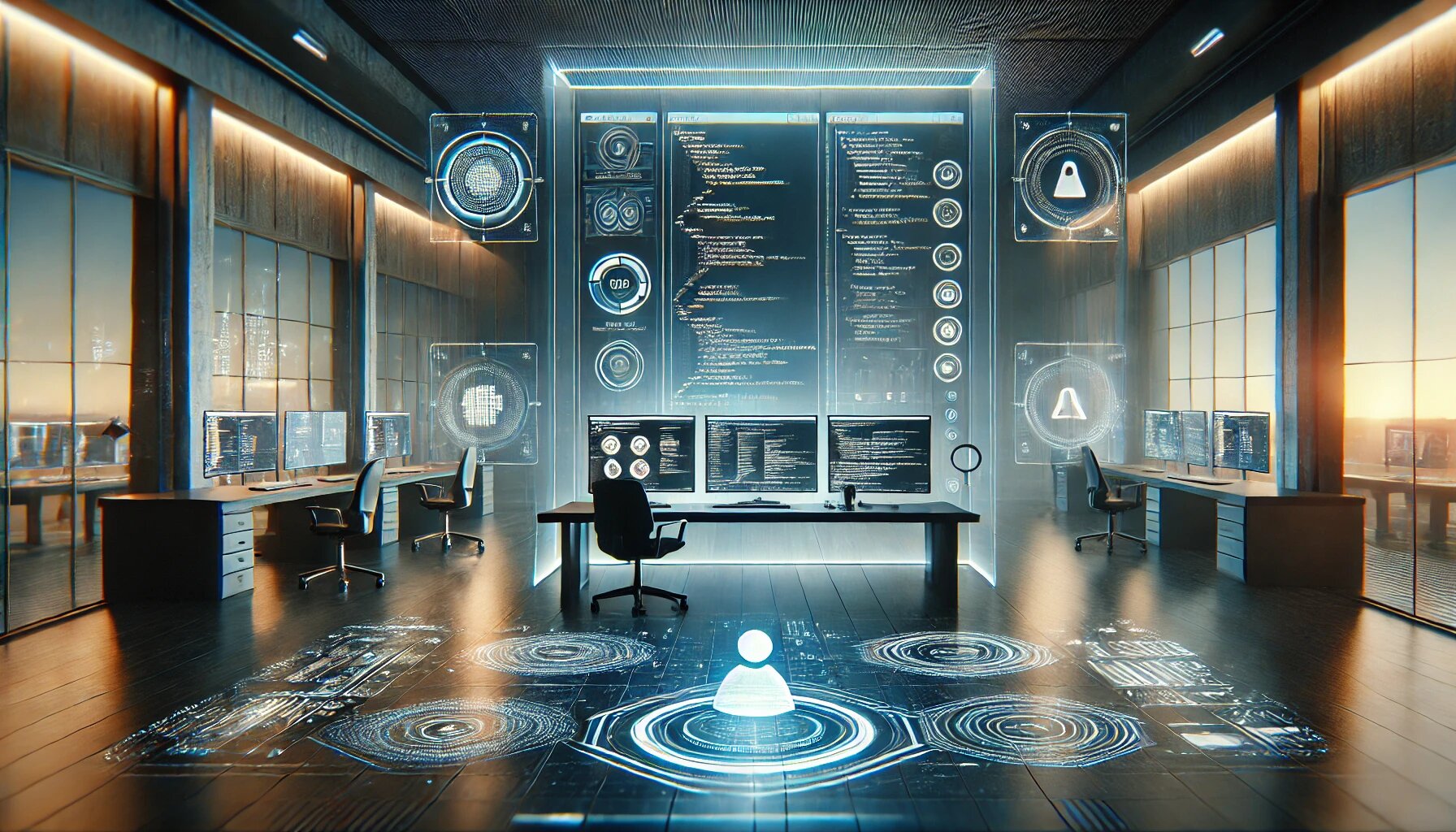 A workspace with holographic elements suggesting the use of AI tools for development.