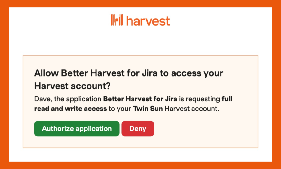 Screenshot showing the final Harvest authorization step