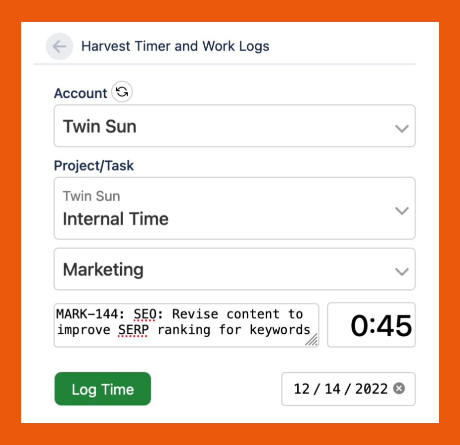 Screenshot showing the main Harvest Timer and Work Logs screen with a Log Time button