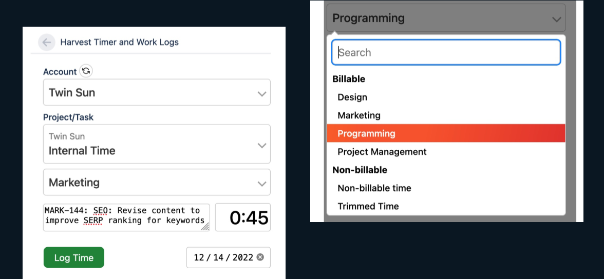 Screenshots of the Harvest Timer and Work Logs App for Jira Cloud