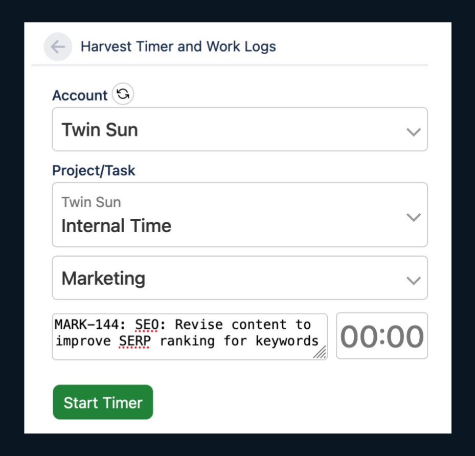 Screenshot showing the main Harvest Timer and Work Logs screen with a Start Timer button
